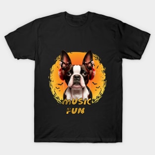 Boston Terrier dog listening to music with headphones T-Shirt